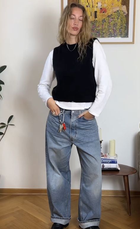 Gender Fluid Business Casual, December 2023 Fashion, Long Neck Outfit, Arty Outfits Aesthetic, Red Knit Vest Outfit, Queer Corporate Outfits, Cuffed Wide Leg Jeans, Queer Club Outfits, Modern 90s Fashion