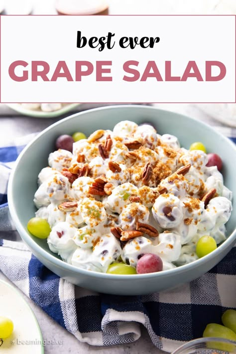 My favorite grape salad: sweet, creamy vanilla cream cheese dressing coats tart green grapes and sweet red grapes, topped with sparkling brown sugar and crunchy pecans. A delicious dessert salad recipe that tastes like fruit-filled cheesecake! | Recipe at BeamingBaker.com Dessert With Grapes, Grape Salad With Brown Sugar, Grape Salad With Cream Cheese, Best Waldorf Salad Recipe, Cream Cheese Dressing, Grape Dessert, Dessert Salad Recipes, Easy Frozen Yogurt, Grape Salad Recipe