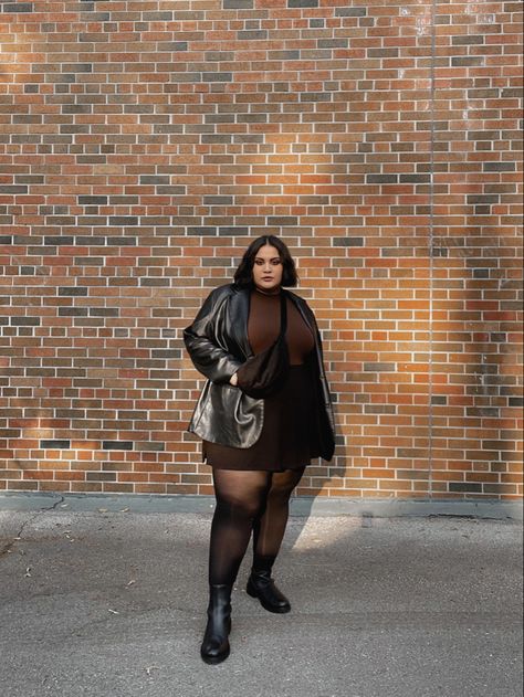 Leather Blazer Outfit Plus Size, Black Boots Outfit Plus Size, Dark Feminine Plus Size, Brown Outfit Plus Size, How To Draw Boots, Inclusive Fall Fashion, Night Out Outfit Plus Size, Blazer Bodysuit, Black And Brown Outfit