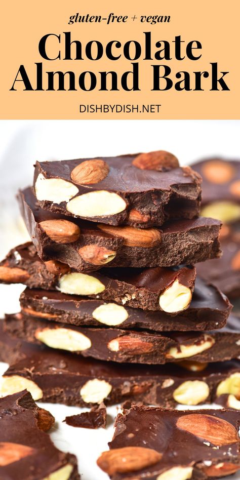 A stack of chocolate almond bark Vegan Bark Recipes, Chocolate Almond Bark Recipes, Dark Chocolate Almond Bark, Almond Bark Recipes, Bark Candy, Christmas Bark Recipes, Quick And Easy Sweet Treats, Images Of Chocolate, Bark Recipes