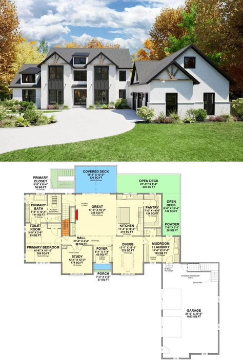 Transitional 5-Bedroom New American Home with Balcony and Lower Level Expansion (Floor Plan) Floor Plans 5 Bedroom, Small 5 Bedroom House Plans, Home With Balcony, Mansion Floor Plans, 5 Bed House, 5 Bedroom House Plans, House Plans Mansion, Mansion Floor Plan, Bedroom Cabin