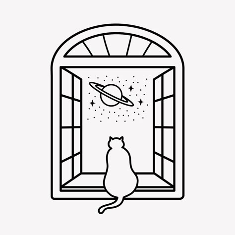 Simple Window Drawing, Window Line Drawing, Cute Window Drawing, Window Vector Illustration, Cat Falling Drawing, Cat Window Tattoo, Cat In Window Tattoo, Cat Space Tattoo, Window Tattoo Simple