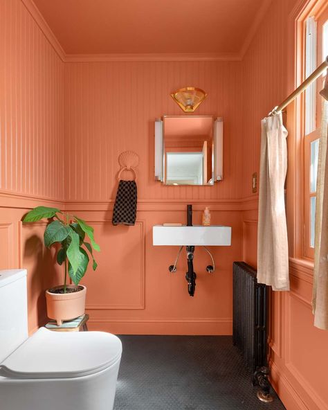 Eclectic Maximalist Bedroom, Coral Paint Colors, Maximalist Bedrooms, Coral Bathroom, Peach Bathroom, Massachusetts Home, Painted Bathroom, Orange Bathroom, Orange Bathrooms