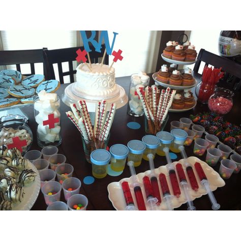 Nursing School Graduation party: I created this for my daughter's nursing school graduation party: urine cup & syringe jello shots, EKG cookies, nursing cap cupcakes, choc-dipped pretzel thermometers, cotton ball marshmallows, pill cup Skittles, dipped strawberries & Oreo truffles Syringe Jello Shots, Nurse Grad Parties, Medical Party, Nursing School Graduation Party, Nurse Party, Medical School Graduation, Dipped Strawberries, Graduation Party Ideas, Nursing School Graduation