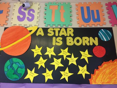 Birthday Board "A Star is Born" Space Birthday Wall Classroom, A Star Is Born Birthday Chart, A Star Is Born Bulletin Board, Star Birthday Board Classroom, Space Theme Birthday Board, Space Birthday Board Classroom, Space Theme Classroom Birthday Chart, Preschool Birthday Bulletin Boards, Preschool Classroom Birthday Board