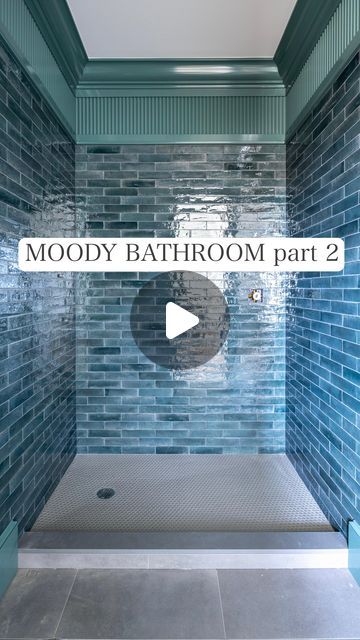 Kate Rumson on Instagram: "Moody Bathroom part 2 - If you’re familiar with my work, you know I’ve been using crown moldings for tile-to-ceiling transitions in bathrooms for more than 15 years … but I’ve never done anything this extra! I love this look so much, I’m now considering doing something very similar in our primary bathroom (only with whites and neutrals)   The reeded molding you see in this video is called Wide Reeded Accent Molding by @ornamentalmoulding and it’s available in 4 or 8ft long pieces (you can find it on HomeDepot.com)  Tile: Flatiron Collection by @nascostonetile in color Avio Paint: Urethane Trim Enamel in Gloss by @sherwinwilliams in color Rocky River  Crown molding: @novobp   #OrnamentalPartner #bathroomdesign #moodybathroom #newconstruction #newhome #newjersey" Bathroom Crown Molding, Kate Rumson, Crown Molding Bathroom, Moody Bathroom, Rubber Molding, Crown Moldings, Rocky River, Primary Bathroom, Doing Something