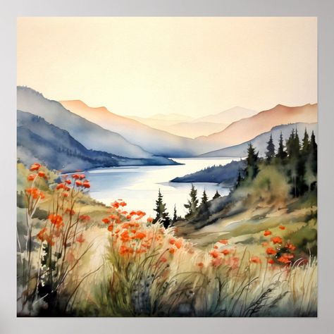 Mountain Landscape Watercolor Painting Art Print. Mountain Range Watercolor, Large Watercolor Painting Ideas, Watercolor Art Landscape Tutorial, Watercolor Ideas Landscape, Scenery Watercolor Paintings, Watercolor Sceneries, Metallic Watercolor Painting Ideas, Creativity Boosters, Watercolor Forest Landscape