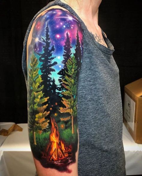 60 Tree Tattoos that will Heal Your Body and Soul in 2023 Arm Tattoos Stars, Forest Tattoo Sleeve, Natur Tattoo Arm, Tree Tattoo Arm, Camping Tattoo, Forest Tattoo, Nature Tattoo Sleeve, Pine Tree Tattoo, Men Tattoos