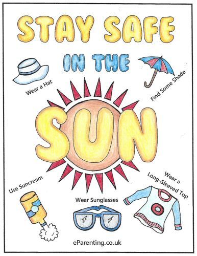 Free printable Sun Safety colouring picture. A free printable colouring picture for you to print - Stay Safe in the Sun Water Safety Poster, Sun Safety Activities, Printable Sun, Safety Poster, Summer Safety, Camping Safety, Sun Safety, Printable Colouring, Safety Posters