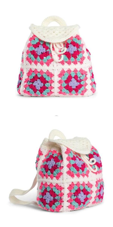 Backbag Crochet, Granny Square Backpack Pattern, Granny Square Backpack Free Pattern, Crochet Granny Square Backpack, Crochet Bag Lining, Granny Square Backpack, Crochet Bag Flower, Crocheted Backpack, Crochet Bag For Beginners