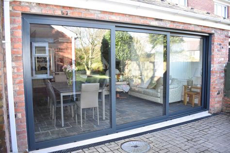 Triple Track Sliding Doors - Customer Installation Designer Door Company Track Sliding Doors, Bifold Doors Onto Patio, Aluminium Patio Doors, Track Door, Sliding Patio Door, Sliding Doors Exterior, Open Plan Kitchen Dining Living, Aluminium Sliding Doors, House Redesign