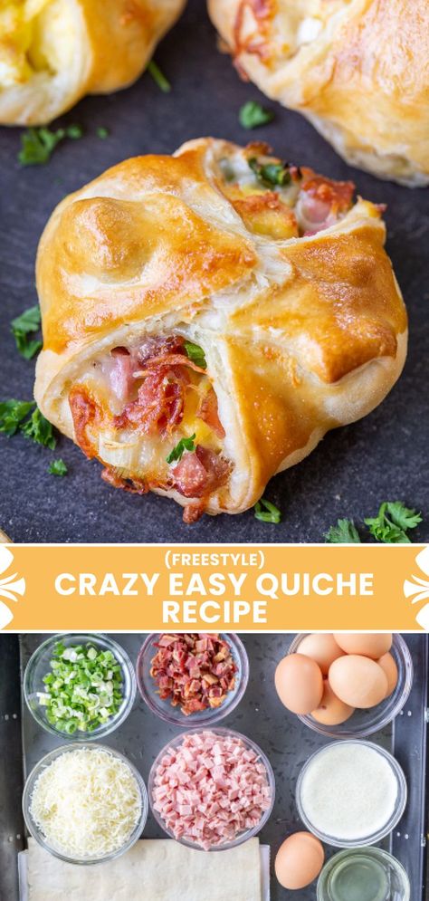 Easy Make Ahead Quiche, Quiche Meal Ideas, Puff Pastry Breakfast Recipes Bacon Egg, Pastry Puff Breakfast Recipes, Breakfast Handhelds, Puff Pastry Quiche Recipes, Handheld Breakfast Ideas, Eggs For A Group, Crescent Roll Quiche