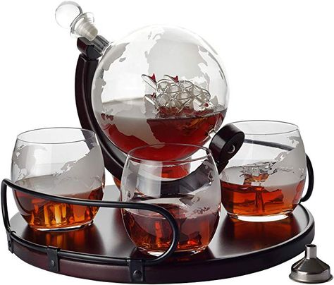 Whiskey Decanter Etched Globe Gift Set - 4 glasses with NEWEST Wood Stand and Handles Alcohol Related Gifts, Globe Gift, Whiskey Decanter Set, Vintage Decanter, Good Whiskey, Whiskey Gifts, Liquor Decanter, Whiskey Decanter, Decanter Set