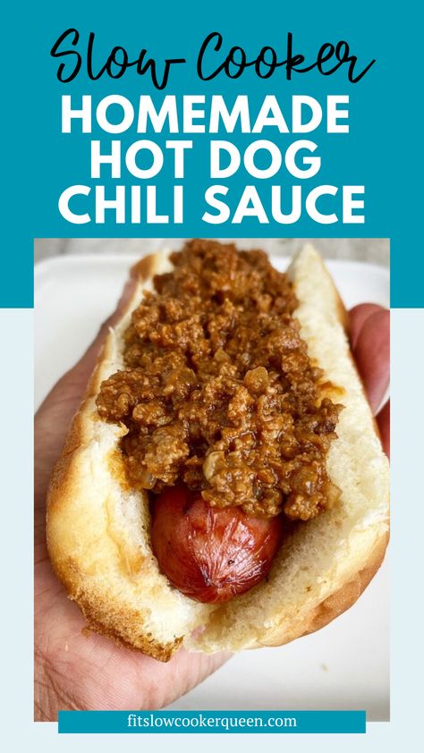 This slow cooker homemade hot dog chili sauce is a delicious topping for hot dogs. This sweet chili combines ground beef, ketchup, onion, and simple seasonings, for a delicious hot dog condiment. This is so easy to make because the crockpot does all the work.  Instructions to make this easy, hot dog chili in the Instant Pot are also included. Easy Hot Dog Sauce, Hot Dog Chili Recipe Easy Crockpot, Crockpot Hot Dog Chilli, Coney Dog Sauce Crock Pot, Slow Cooker Hot Dog Chili, Crockpot Chili For Hotdogs, Meat Sauce For Hot Dogs, Chili For Hot Dogs Recipes, Hot Dog Chili Recipe Easy