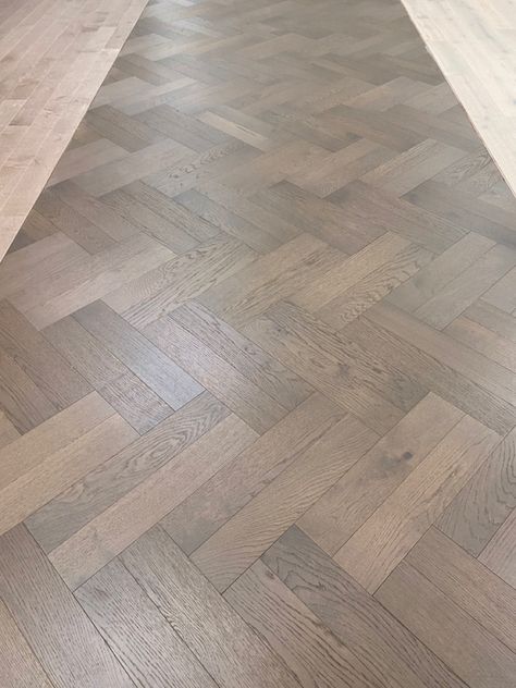 Herringbone Wood Floor Transition, Double Herringbone Floor, Kitchen Remodel Trends, Floor Transitions, Shaw Flooring Hardwood, Herringbone Hardwood Floors, Flooring Showroom, Double Herringbone, Herringbone Kitchen