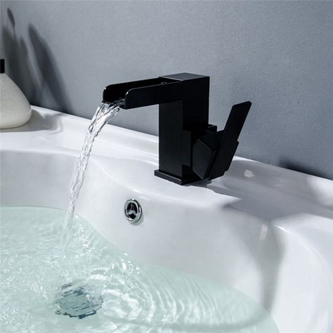 Black Waterfall Basin Faucet Solid Brass Square Sink Tap Black And Brass Bathroom, Waterfall Sink Faucet, Bathroom Sink Faucets Modern, Matte Black Bathroom Faucet, Bathroom Faucets Black, Shower Renovation, Waterfall Bathroom, Bathroom Faucets Waterfall, Modern Bathroom Sink