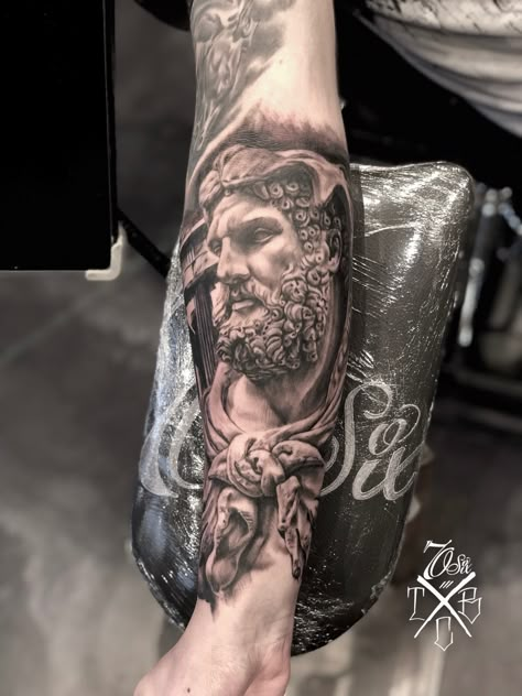 Hercules tattoo by levi70six #greektattoo #sleevetattoo Hercules Tattoo Sleeve, Hercules Nemean Lion Tattoo, Hercules Sketch, Hercules Tattoo Design, Roman Tattoo Ideas, Hercules Statue, Hercules Tattoo, Ankle Tattoo Men, Cloud Tattoo Sleeve