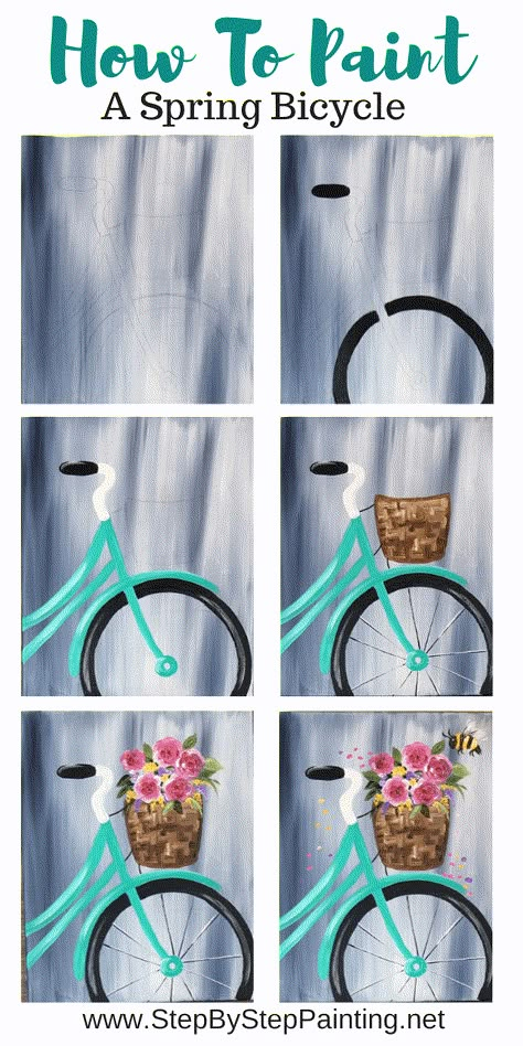 Spring Bicycle Painting - Step By Step Painting Learn how to paint a bicycle on canvas with flowers and a gray wash background. This is an easy step by step canvas painting tutorial with a traceable. #traciekiernan #stepbysteppainting Spring Bicycle, Paint Night Ideas, Bicycle Painting, Acrylic Painting Flowers, Paint Parties, Paint Nite, Canvas Painting Tutorials, Simple Canvas Paintings, Cute Canvas Paintings