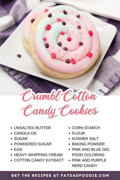 crumbl cotton candy cookies ingredient list Crumbl Cotton Candy Cookies, Cotton Candy Recipes, How To Make Crumble, Candy Cookies Recipes, Tea Parlor, Colorful Cookies, Cotton Candy Cookies, Crumble Cookie Recipe, Crumble Cookie