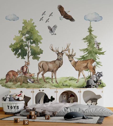 forest wall decal amazing woodland wall decal for your kids room. Peel and stick woodland animal vinyl decal you will love in your kids room. Great aditional wall decoration for every kids that loves forest animals. This amazing forest animals wall decal includes all animals visible on each photo. Just click and choose your best set. Please take attention to description of our products.  With IgiBee, you can transform any room into a forest with our forest animal wall decal- whether it be your kid's room, nursery room, or simply your playroom. This woodland wall decal set includes some of the most recognized forest animals, deer, eagle, owl, fox, Hedgehog, birds, racoon, trees  hand-painted watercolours for the children's room. Create a wonderful forest in your child's room with beautiful Toy Box Ideas, Book Store Ideas, Woodland Wall Decals, Baby Room Wall Stickers, Fox Decal, Forest Wall Decals, Forest Room, Newborn Room, Animals Stickers