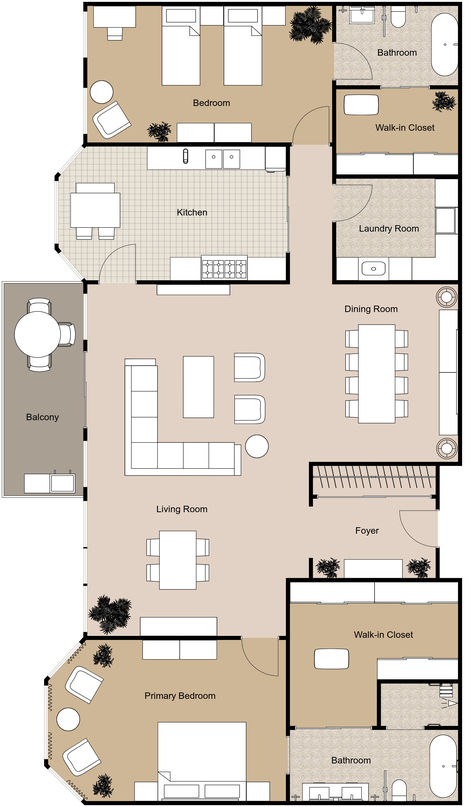 A beige and black 2D floor plan with two bedrooms, two bathrooms, two walk-in closets, a laundry room, a closed-off galley kitchen, a balcony, and a semi-open concept. Luxury Apartment Plan, Luxury Apartment Floor Plan, Apartment Floor Plans Luxury, 2d Floor Plan, Apartment Plan, Senior Apartments, Apartment Floor, Apartment Floor Plan, Apartment Floor Plans