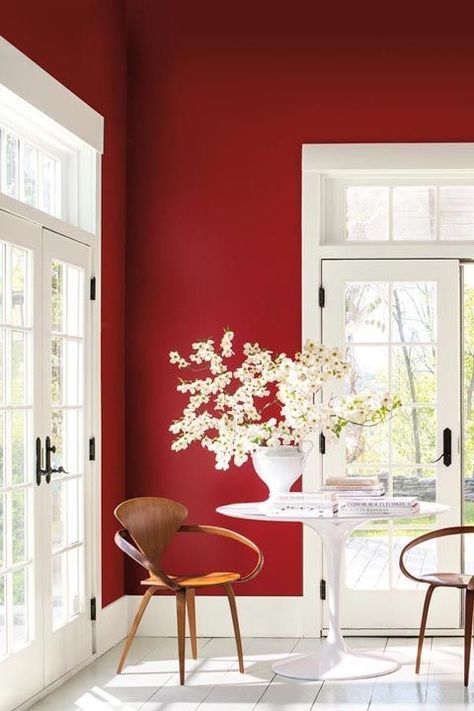 Caliente - rep aint red wall in living room Designer Paint Colors, Red Interior Design, Red Living, Red Details, Living Room Red, Interior Painting, Room Paint Colors, Red Decor, Red Rooms