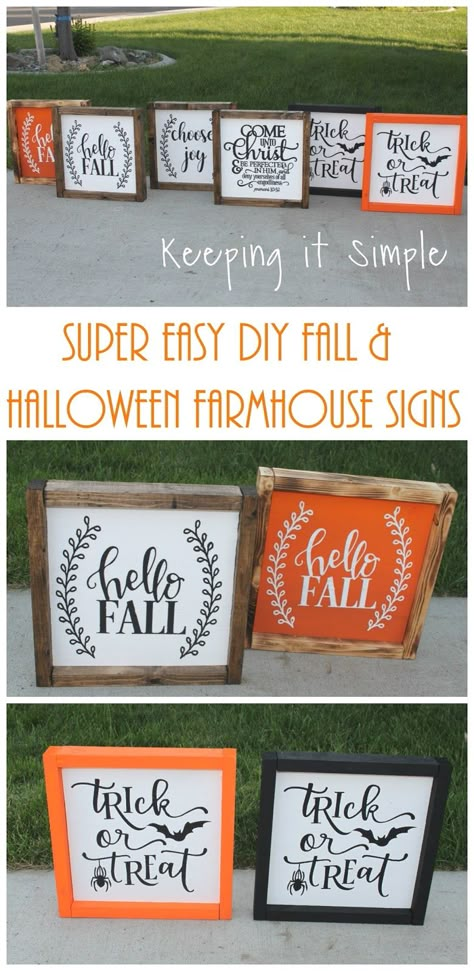 Super easy DIY fall and Halloween farmhouse signs Fall Reverse Canvas Ideas, Fall Cricut Decorations, Fall Cricut Projects To Sell, Fall Sayings For Signs, Cricut Fall Projects, Fall Signs Wooden Diy, Fall Wooden Signs, Easy Diy Fall Crafts, Fall Cricut