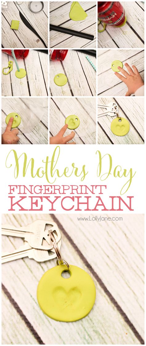 Simple Mothers Day clay fingerprint keychain! Love how the little fingers made a heart shape. Cute! via lollyjane.com Thumbprint Keychain Diy, Finger Print Heart, Fingerprint Keychain Diy, Mother’s Day Thumbprint, Thumbprint Necklace Diy Kids, Fingerprint Keychain, Fingerprint Jewelry Diy, Mother’s Day Cards Finger Print, Handprint Gifts