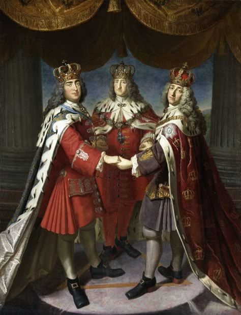 By Theodor Samuel Gericke. Or as I like to call it, the meeting of the three scoundrels. In 1709 in Oranienburg Palace in Potsdam met three European kings to discuss an alliance against the Swedish king Charles XII. From left Augustus II of Poland, Frederick I of Prussia and Frederick IV of Denmark. Note the remarkable similarity of their clothing: obviously all three were keen to dress according to fashion. King Painting, Portrait Paintings, Three Kings, Best Portraits, Portrait Wall, Historical Art, Historical Fashion, Wikimedia Commons, Portrait Painting