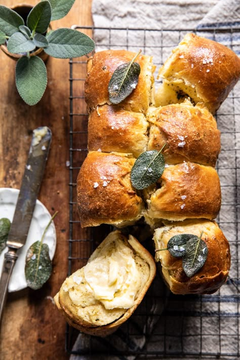 Swept Up Hair, Aesthetic Desserts Recipes, December Recipes, Harvest Bread, Half Baked Harvest Recipes, Brioche Rolls, Sage Butter, Herb Bread, Savory Treats