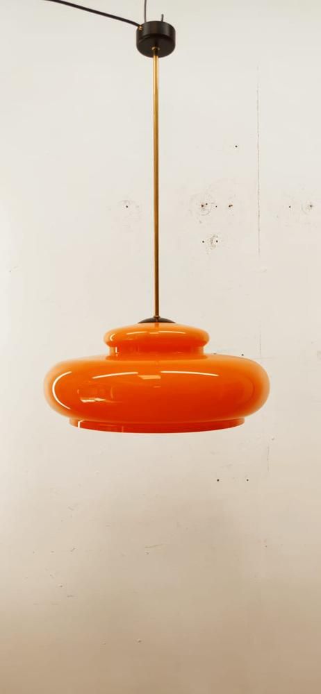 Orange Polycarbonate Pendant Lamp | Chairish Wall Mounted Pendant Light, Cool Living Room Lighting, Apartment Lamps Living Rooms, Orange Glass Pendant Light, Orange Ceiling Light, 70s Lighting Fixtures, Light Orange Walls, Lanterns In Bedroom, 60s Lamp