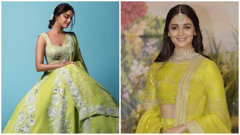 Who Wore The Neatest Lime Green Lehenga? Alia Bhatt vs. Keerthy Suresh Lehenga Alia Bhatt, Neon Green Lehenga, Lime Green Lehenga, Keerthy Suresh, Green Lehenga, Lehenga Blouse, Half Sleeve Blouse, Sonam Kapoor, Alia Bhatt