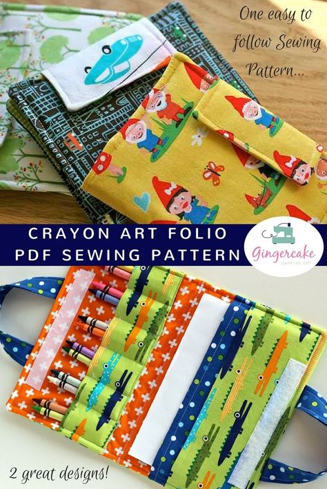 The Crayon Art Folio PDF Sewing pattern creates 2 crayon holders- the larger size holds 12 crayons and a 5'' x 8'' pad of paper. The smaller "pocket" size, holds 5 crayons and a 2'' x 3'' pad of paper. Both are so cute and useful and make the BEST birthday gifts. mom's love to have their kids happily creating and not using screens while out to eat, at doctors office, or on a road trip. Kids love to have their own little crayon holder! Use fun and colorful fabrics to create the perfect folio Art Caddy, Art Folio, Sew Ideas, Holiday Hand Towels, Sew Wallet, Crayon Holder, Sunday Church, Fabric Purses, Crayon Art