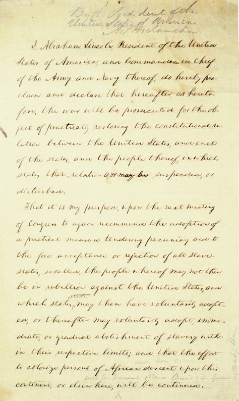 Perhaps one of the famous documents in American history, Abraham Lincoln’s Emancipation Proclamation was officially signed on January 1, 1863. Lincoln issued a preliminary Emancipation Proclamation to the Confederate States on September 22, 1862 following the Union victory at the battle of Antietam.  You can view both versions of the Emancipation Proclamation and compare the two texts. Lincoln wrote the preliminary Emancipation Proclamation in his own handwriting.  #teachingresources Battle Of Antietam, Emancipation Proclamation, September 22, The Union, January 1, The Battle, Abraham Lincoln, American History, Teaching Resources