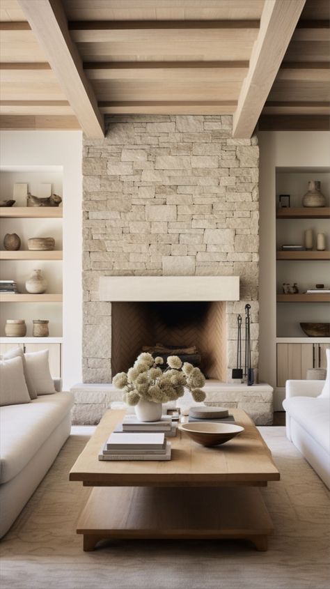 Fireplace Rustic Modern, Modern Fireplace Stone, Great Room Stone Fireplace, Hearth Room Fireplace, Transitional Organic Modern Living Room, Living Room Designs Stone Fireplace, Organic Fireplace Design, Stone Interior Fireplace, Modern Fireplace Ideas Stone