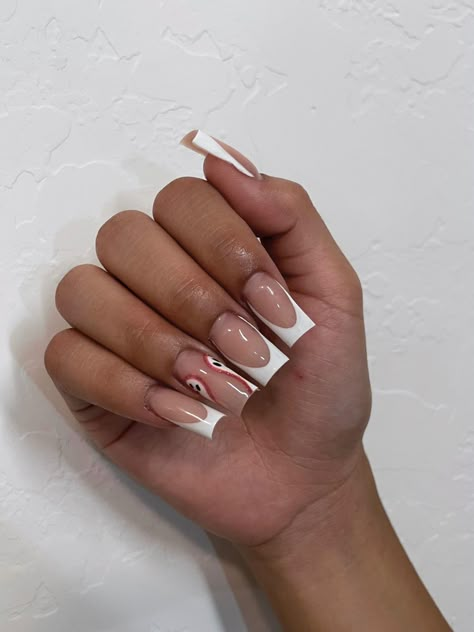 Ghost Nail French Tip, White French Tip Fall Nails, White French Tip Nails Halloween, Red French Tip Nails Halloween, Red And White Halloween Nails, Simple Nails Halloween, Classy Halloween Nails Simple, Red Halloween Nails Acrylic, Ghost French Tip Nails