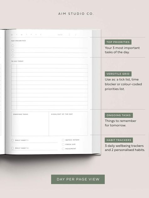 Complete with time blocking and habit tracking, this personalised daily planner is crafted to optimise your productivity. With a day per page format, each A5 page includes a structured view to make the most out of your daily schedule. Each daily page includes: Top 3 priorities - set three main tasks that are non-negotiable for the day To Do Today - a versatile grid that can be used for time blocking, colour coding or as a simple tick-off to do list Ongoing Tasks - things to remember for tomorrow or tasks that stretch over multiple days Highlight of the day - practise daily gratitude as you note something positive from the day Habit Trackers - includes 3 wellbeing trackers, as well as space for two of your own personalised habits to track Featuring a sturdy hardback cover, this planner is a Agenda Layout, Productivity Journal, Planner Pages Ideas, Daily Productivity Planner, Highlight Of The Day, Agenda Ideas, Organization Planner, Daily Schedule Planner, Study Essentials