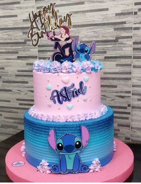 Stitch Birthday Cake 2 Tier, Stitch Cake 2 Tier, 2 Tier Stitch Birthday Cake, Lili And Stitch Cake, Stitch Cake Ideas Birthday Parties, Stitch And Angel Birthday Cake, Lilo And Stitch Cake Ideas, Bolos Do Stitch, 9th Birthday Girl Ideas