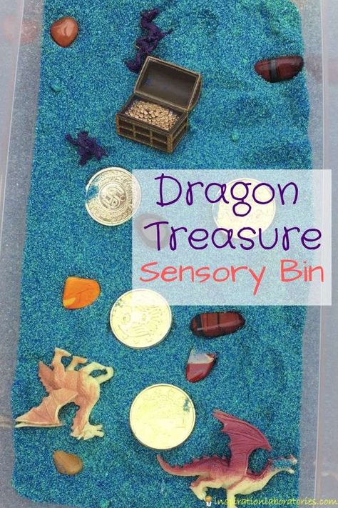 Dragon Treasure Sensory Bin - set up a simple sensory bin with colored sand, treasures, and dragons. Dragon Sensory Play, Castles And Dragons Preschool, Knights And Castles Topic Eyfs, Castle Sensory Bin, Medieval Sensory Bin, Dragon Sensory Bin, Fairytale Sensory Bin, Dragon Preschool Activities, Zog Activities