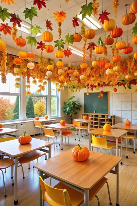 Fall Hanging Decorations For Classroom, Halloween Decor Kindergarten, Fall Class Party Decorations, Fall Class Board Ideas, Fall Classroom Party Decorations, Fall Themed School Bulletin Board, Fall Decor Hanging From Ceiling, Fall Decoration For Classroom, Classroom Fall Decor Ideas