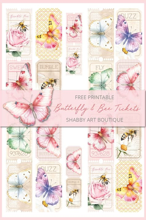 Free Printable Butterfly and Bee Tickets - Shabby Art Boutique Watercolour Butterflies, Vintage Labels Printables Free, Vintage Labels Printables, Shabby Art Boutique, Printable Butterfly, Printable Tickets, Free Printable Crafts, Digital Paper Free, Easy Flower Painting