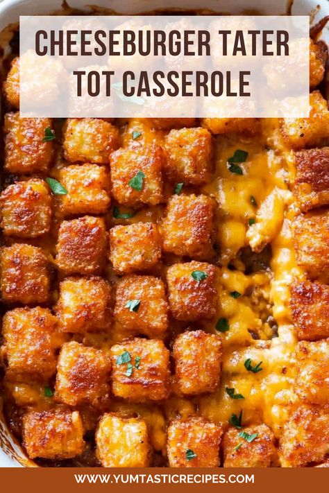 All the best parts of a cheeseburger in one delicious casserole! This Cheeseburger Tater Tot Casserole is packed with juicy beef, gooey cheese, and crispy tots for the ultimate crowd-pleaser. Save this recipe for your next dinner win!

#DinnerInspiration #EasyCasseroles #CheesyRecipes #FamilyFavorites #TaterTotLove Tater Tot Casserole Freezer Meal, Tart Tot Casserole, Cheeseburger Casserole Gluten Free, Tator Tot Dinners, Hamburger Meat And Tater Tot Recipes, Tater Tot Casserole Healthy, Bbq Chicken Tater Tot Casserole, Tater Tot Dinner Recipes, Cowboy Tater Tot Casserole Ground Beef