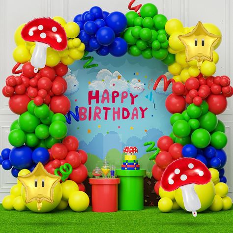 PRICES MAY VARY. 【Balloon Garland Kit】: Total are 156 pcs. 156 pcs balloons: red balloons (1pcs 18inches,15pcs 10inches,20psc 5inches), green balloons (18inch 1pc, 10inches 15pcs,20pcs 5inches), yellow balloons (15pcs 10inches,20pcs 5inches,1pc 18inches),.blue balloons (15pcs 10inches,20pcs 5inches,1pc 18inches) .star balloon.mushroom balloon.6pcs 260 balloon.Balloons accessories 2 pcs: balloons strip 1 pcs, adhesive tape 1 pcs 【High-Quality Latex Balloons】: Our balloons are made of natural late Mushroom Balloon, Yellow Balloon Garland, Game Birthday Party, Super Mario Bros Birthday Party, Star Balloons, Green Balloons, Cartoon Video, Mario Bros Birthday, Super Mario Birthday Party