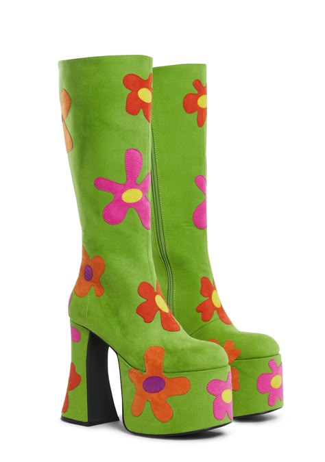 You’ll be the grooviest one there with these platform boots that have a faux suede construction, multicolored daisy appliques all over, platform soles, block heels, and side zipper closures. Platform Boots 70s, Dollskill Platforms, Gogo Boots Outfit, Circus Clothes, Hand Painted Boots, Boots Illustration, Colorful Fits, Funky Boots, Whimsical Shoes