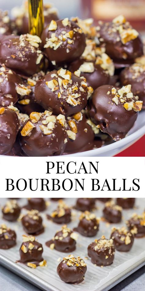 Pecan Bourbon Balls Pecan Pie Bourbon Balls, Pecan Bourbon Balls, Bourbon Pecan Chocolate Chip Cookies, Pecan Balls With Powder Sugar, Bourbon Balls Recipe Easy, Bourbon Pecan Cookies, Boozy Truffles, Bourbon Desserts, Pecan Balls Recipe