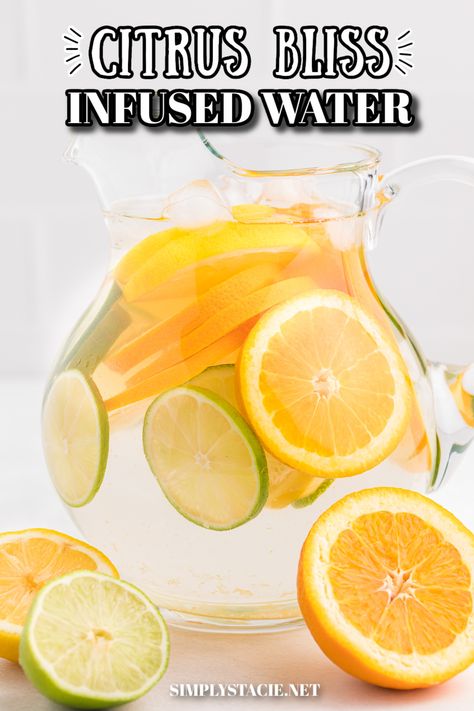 A jug of Citrus bliss infused water. Lemon Lime Water Recipe, Lemon Orange Water, Lemon And Orange Water, Orange Infused Water Recipes, Fruit Infused Water Recipes For Parties, Fancy Water Recipes, Citrus Water Recipe, Water Refreshers, Lemon And Lime Water