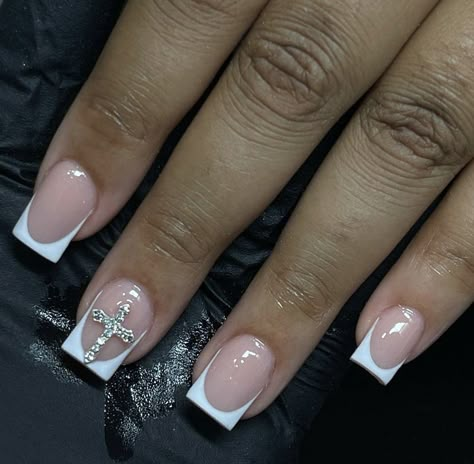 Cross Nails, Hard Nails, Colored Acrylic Nails, Girly Acrylic Nails, French Tip Acrylic Nails, Work Nails, French Acrylic Nails, Short Square Acrylic Nails, Nails Only