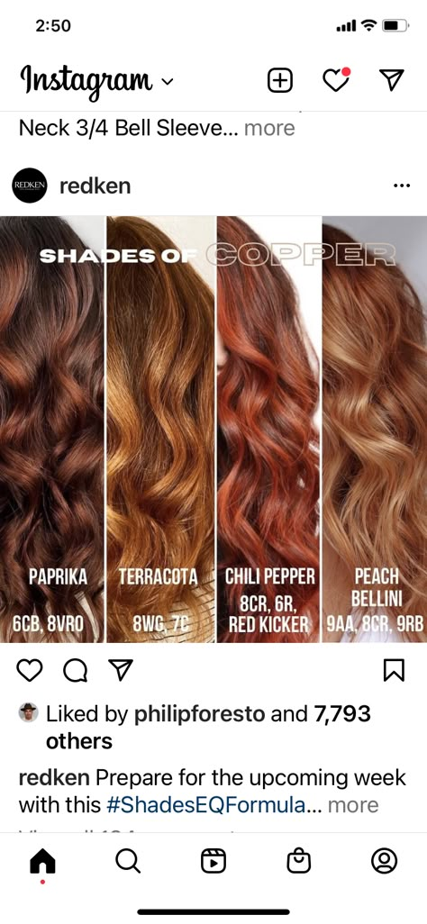 Copper Balayage Shades Eq, Copper Balayage Redken Formula, Copper Red Color Formulas, Peach Bellini Hair Color, Redken Shades Eq Formula Copper, Red Vs Copper Hair, Copper Hair Color Redken, Cooper Shades Eq Formula, Redken Red Shades