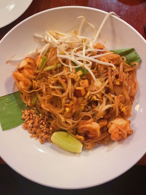 shrimp pad thai from thai essence in nutley, nj Pad Thai Aesthetic, Thai Takeout Aesthetic, Seafood Pad Thai, Healthy Shrimp Pad Thai, Shrimp Pad Thai Recipe Authentic, Aesthetic Thai Food, Thai Food Aesthics, Thai Snacks, Shrimp Pad Thai