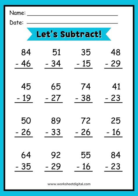 Printable 80 Double Digit Subtraction Regrouping Sums, Grade 1 & 2, Homeschool, Revision Practice, Warm Up Exercise, Short Assessment